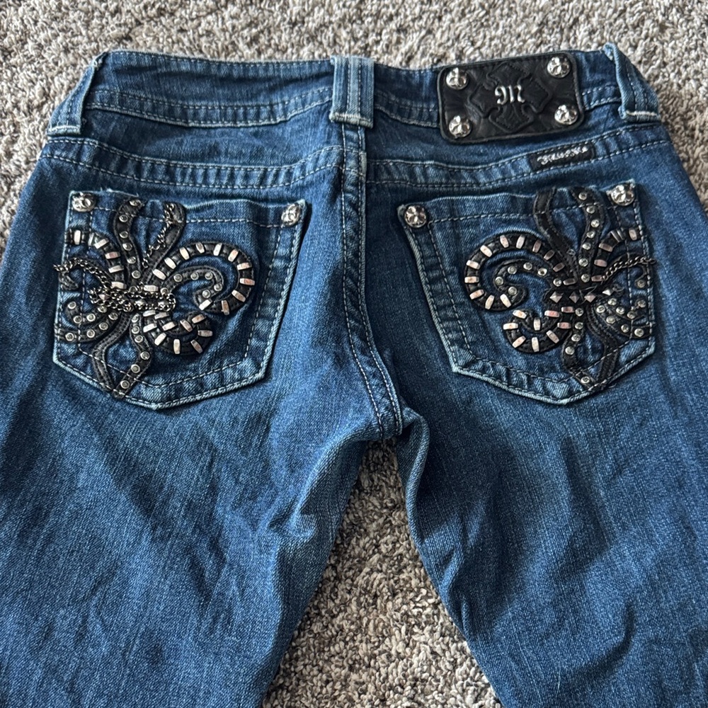 Miss Me Blue Straight Leg Jeans with Black and Silver Accents